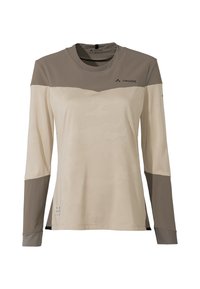 Chemise à manches longues beige et taupe foncé, présentant un motif texturé, un col rond et un logo sur la poitrine.