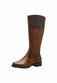 Brown leather knee-high boot with a round toe, side elastic panel, and a chocolate top with a zipper detail. Textured rubber sole and heel.