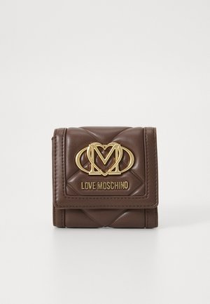 Brown faux leather wallet with quilted design, gold-tone logo and hardware, and magnetic snap closure. Compact rectangular shape.