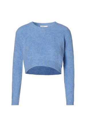 Lichtblauwe cropped trui met lange mouwen, geribbelde textuur en ronde halslijn. Gemaakt van zachte stof, met een rechte zoom.