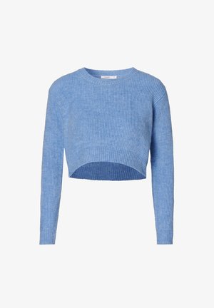 Lichtblauwe cropped trui met lange mouwen, geribbelde textuur en ronde halslijn. Gemaakt van zachte stof, met een rechte zoom.