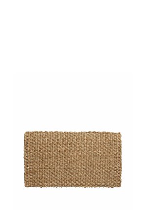 Rectangular woven natural fiber doormat with a coarse texture and looped pattern in light brown color.