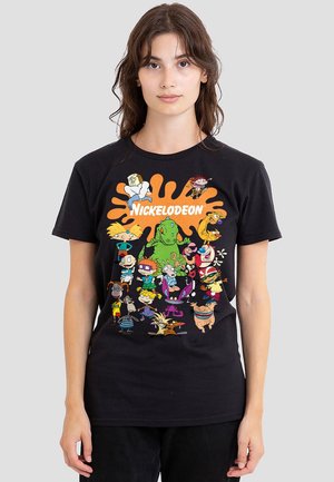 Black cotton t-shirt featuring colorful cartoon characters and "Nickelodeon" logo centered on a splatter background. Short sleeves, crew neck.
