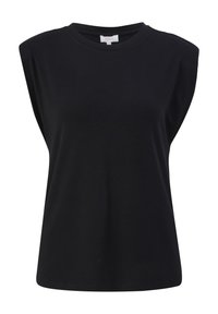 Haut noir sans manches avec épaules rembourrées et encolure ronde, design sobre, présenté sur fond blanc.