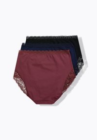 Hoge taille panties in bordeaux, marineblauw en zwart katoen, met kant langs de tailleband en beenopeningen.