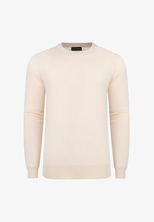 Jasno beżowy sweter z dzianiny z długimi rękawami i okrągłym dekoltem; charakteryzuje się prążkowanym wzorem oraz elastycznym, miękkim materiałem.