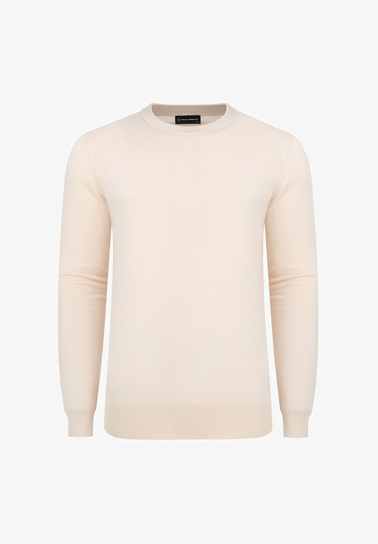 Jasno beżowy sweter z dzianiny z długimi rękawami i okrągłym dekoltem; charakteryzuje się prążkowanym wzorem oraz elastycznym, miękkim materiałem.