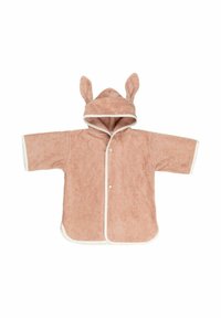 Pink, short-sleeved bathrobe with a soft terry texture. Features a hood with bunny ears and white trim along the edges, secured by buttons.