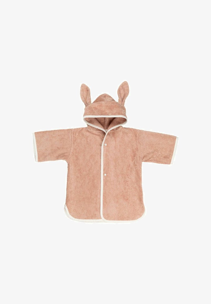 Pink, short-sleeved bathrobe with a soft terry texture. Features a hood with bunny ears and white trim along the edges, secured by buttons.