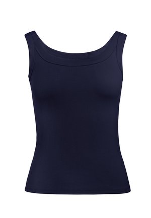 Marineblå ribbet ærmeløs tanktop med brede skulderstropper og firkantet udskæring.