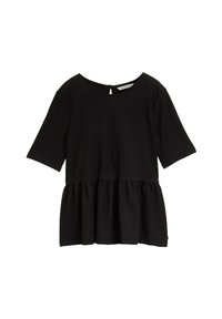 Haut noir avec un col rond, des manches courtes et un ourlet en peplum. Fabriqué en tissu texturé avec une ouverture en forme de clé à l'arrière.