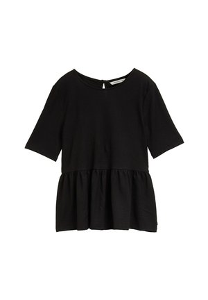 Haut noir avec un col rond, des manches courtes et un ourlet en peplum. Fabriqué en tissu texturé avec une ouverture en forme de clé à l'arrière.