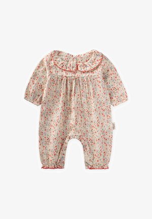 Floral romper in cream with red and green patterns, featuring a ruffled collar, snap closures, and gathered elastic cuffs at leg openings.