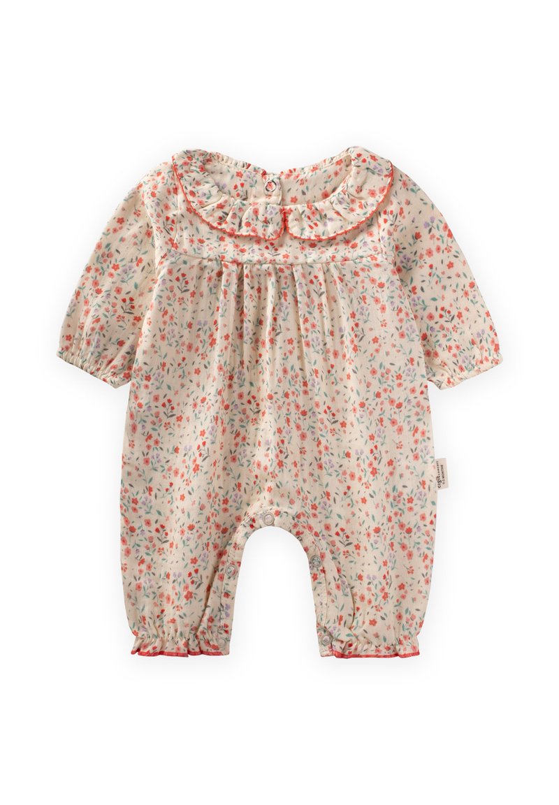 Tuta floreale in crema con motivi rossi e verdi, caratterizzata da un colletto arricciato, chiusure a scatto e polsini in elastico arricciato alle aperture delle gambe.