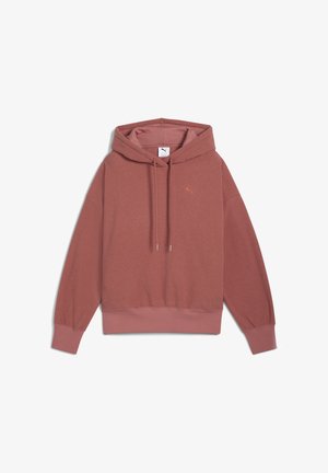 Pull à capuche rose en tissu texturé. Comprend une capuche avec cordon de serrage, des poignets côtelés et un petit logo accentué sur la poitrine.