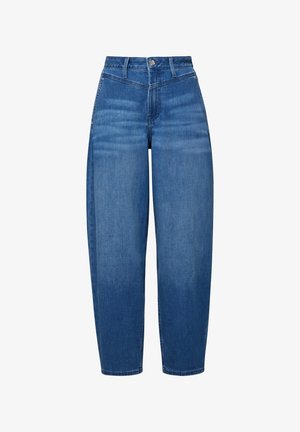 Niebieskie dżinsy o wysokim stanie z wąskimi nogawkami, z przodu zapinane na guziki i zamek, z wyblakłymi detalami na udach.