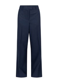 Marineblauwe wijde broek met verticale streepjes, vervaardigd uit een soepele stof. Kenmerkt zich door een op maat gemaakte tailleband en plooien aan de voorkant.