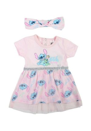 Robe rose pour tout-petit avec le personnage Stitch tenant une peluche, ceinture pailletée à la taille, bandeau assorti avec un motif de visages de Stitch.