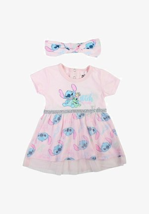 Robe rose pour tout-petit avec le personnage Stitch tenant une peluche, ceinture pailletée à la taille, bandeau assorti avec un motif de visages de Stitch.