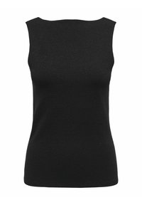 Top nero senza maniche con scollatura rotonda, realizzato in un tessuto liscio con un leggero luccichio, caratterizzato da un design aderente e senza hardware visibile.