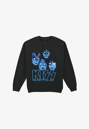 Svart hettegenser med blå grafisk design som viser fire stiliserte ansikter og teksten "KISS CREATURES OF THE NIGHT" i fet skrift.