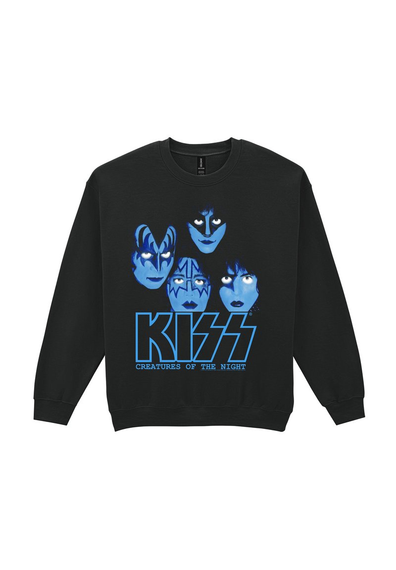 Sudadera negra con diseño gráfico azul que presenta cuatro caras estilizadas y el texto "KISS CREATURES OF THE NIGHT" en letras gruesas.