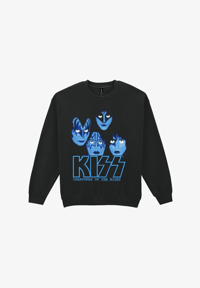 Svart hettegenser med blå grafisk design som viser fire stiliserte ansikter og teksten "KISS CREATURES OF THE NIGHT" i fet skrift.