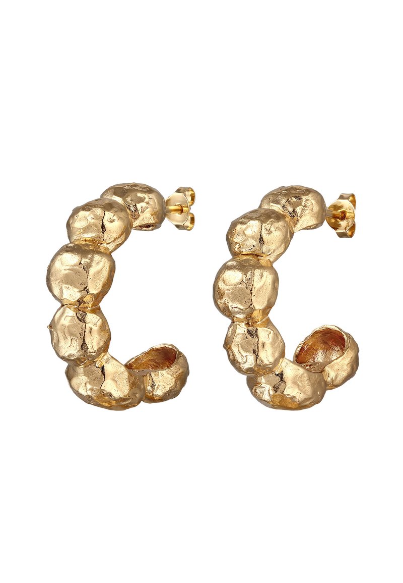 Boucles d'oreilles en or ayant un design texturé et irrégulier avec des formes arrondies et organiques, dotées de fermoirs ouverts pour un maintien sûr.