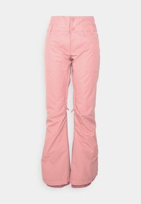 Rosa Schneehosen aus wasserabweisendem Material, mit hoher Taille, zwei Knöpfen und ausgestellten Beinenden mit Öffnungen.