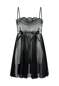 Schwarzes Kleid mit einem gewellten Ausschnitt, das aus transparentem strukturiertem Stoff mit Punkten besteht. Es verfügt über zwei Schleifen an der Taille und dünne Träger.