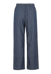 Breda byxor i mörkblå denim, med elastisk midja och avslappnad passform utan synliga mönster eller detaljer.
