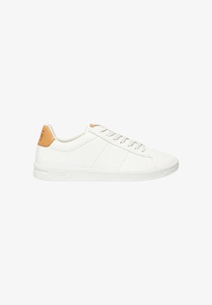 White low-top sneaker with lace-up closure and tan leather heel patch on a white background.