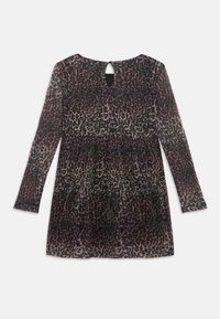 Garās piedurknes kleita ar brūnu un melnu leoparda rakstu, atslēgas acu pogu aizdare aizmugurē, un līmeņu svārki.