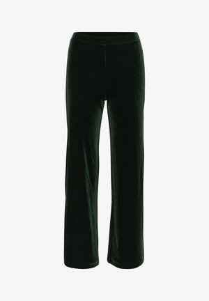 Grüne Samt-Hosen mit weitem Bein, glatter Textur, elastischem Bund und langem Design. Sie zeichnen sich durch eine saubere, minimalistische Silhouette aus.