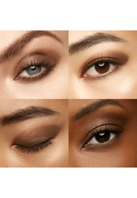 Fire nærbilleder af øjne med forskellige nuancer af brun øjenskygge, subtil eyeliner og velplejede bryn på forskellige hudtoner.