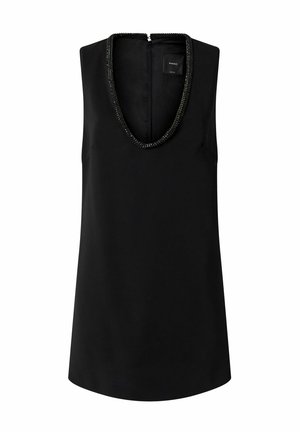 Top senza maniche nero con scollo a V profondo, rifinito con perline sul collo e chiusura con zip sul retro. Realizzato in tessuto liscio con vestibilità morbida.