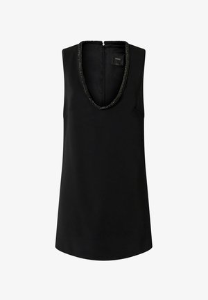 Top senza maniche nero con scollo a V profondo, rifinito con perline sul collo e chiusura con zip sul retro. Realizzato in tessuto liscio con vestibilità morbida.