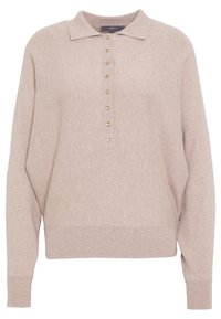 Maglione rosa chiaro con collo a polo, caratterizzato da una patta con cinque bottoni e polsini e orlo a coste. Tessuto morbido e strutturato.