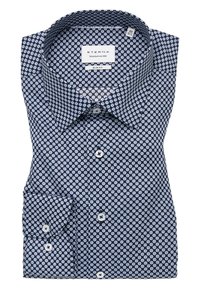 Koszula Slim-fit Eterna, granatowa w biały wzór geometryczny, złożona z kołnierzem typu spread, z białymi guzikami i teksturowanym materiałem.