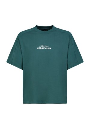 Teal short-sleeve crewneck t-shirt with "Athletics URBAN CLUB" text printed in white on the chest.