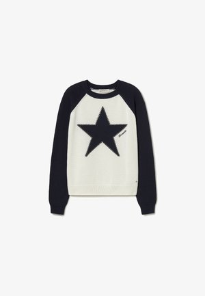 Knitted sweater with navy blue raglan sleeves and a cream body. Features a large black star and decorative accents around the star.