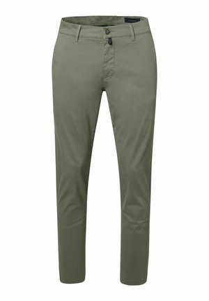 Olijfgroene chino's in een slim-fit ontwerp, met een knoopsluiting, riemlussen en gladde katoenstof met een lichte glans.