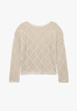 Gebreide trui in lichtbeige met een ruitvormig gaaspatroon, lange mouwen en een ronde halslijn. Textuur, losse pasvorm.