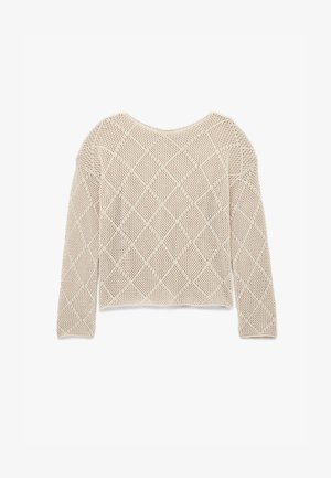Gebreide trui in lichtbeige met een ruitvormig gaaspatroon, lange mouwen en een ronde halslijn. Textuur, losse pasvorm.