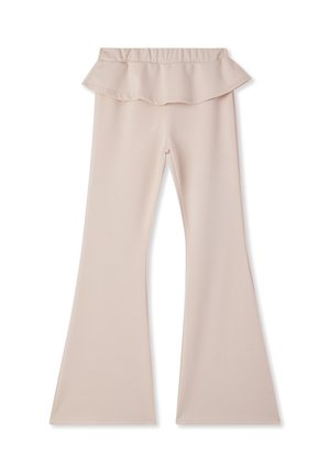 Leggings a campana di un beige pallido con una fascia elastica in vita e un dettaglio arricciato in vita, realizzati in un tessuto liscio e elastico.