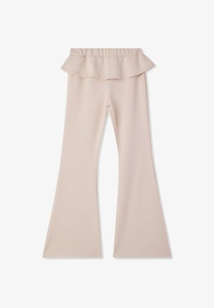 Leggings a campana di un beige pallido con una fascia elastica in vita e un dettaglio arricciato in vita, realizzati in un tessuto liscio e elastico.