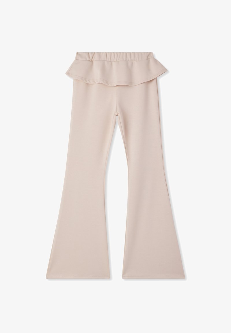 Leggings a campana di un beige pallido con una fascia elastica in vita e un dettaglio arricciato in vita, realizzati in un tessuto liscio e elastico.
