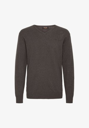 Dunkelgrauer langärmliger V-Ausschnitt-Pullover aus weichem Material, mit kleinem Logo auf der Brust und gerippten Bündchen und Saum.