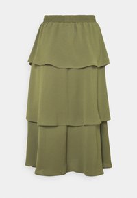 Gonna lunga a balze verde oliva realizzata in tessuto leggero con vita elasticizzata e design a strati arricciati.