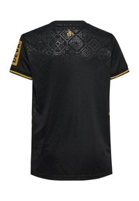Maillot de sport noir avec des motifs en diamants texturés, des accents jaunes sur les manches et un design à col rond. Présente un logo à l'arrière.